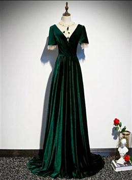 Picture of Dark Green Velvet Short Sleeves A-line Bridesmaid Dress, A-line Wedding Party Dresses Prom Dresses